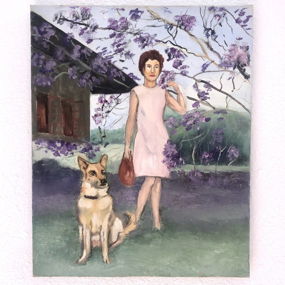 Woman Dog Outsider Art Painting German Shepard Canvas VTG 60s 70s Original